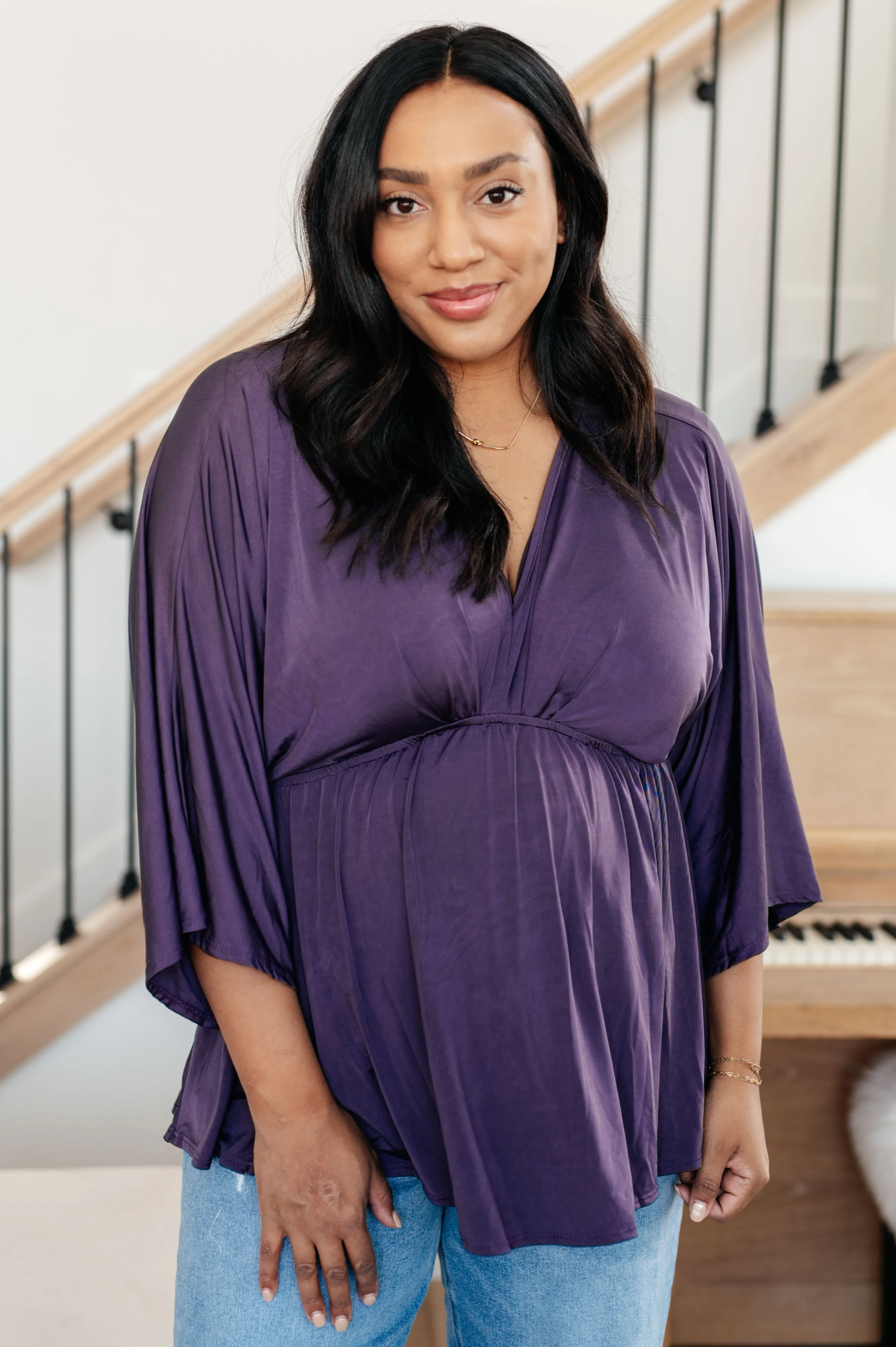 Love on the Line V-Neck Peplum Blouse in Deep Plum