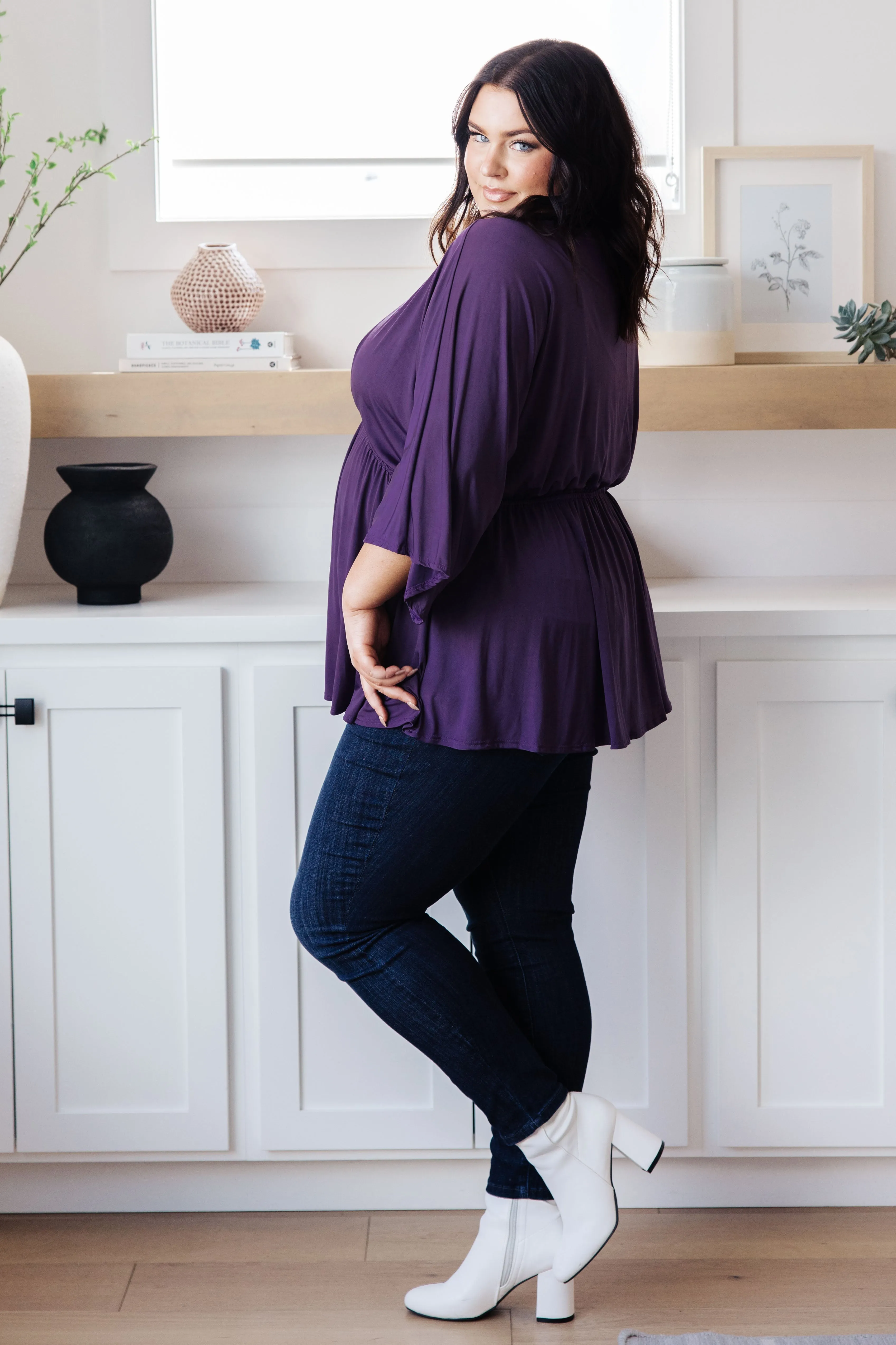 Love on the Line V-Neck Peplum Blouse in Deep Plum