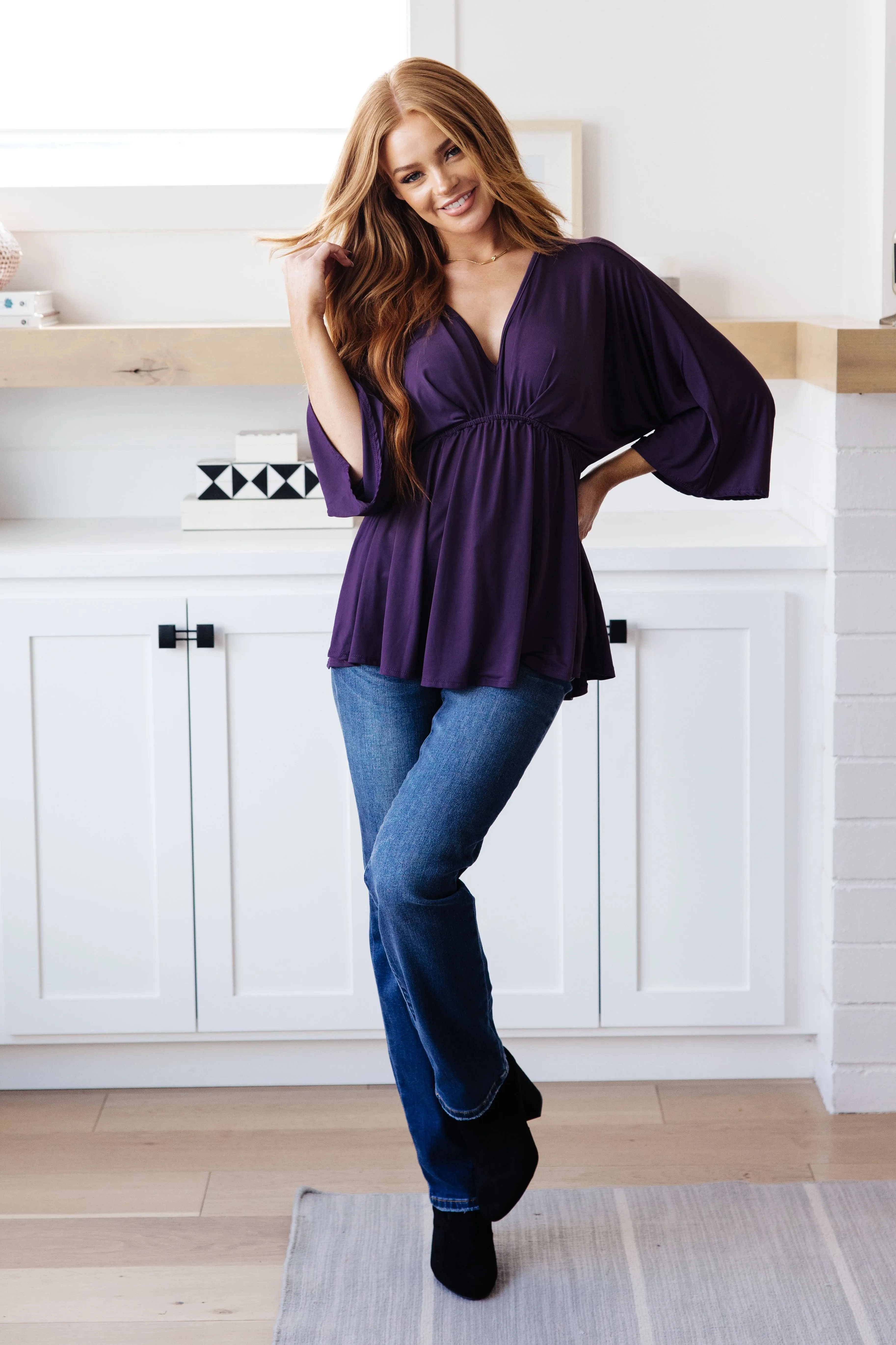 Love on the Line V-Neck Peplum Blouse in Deep Plum