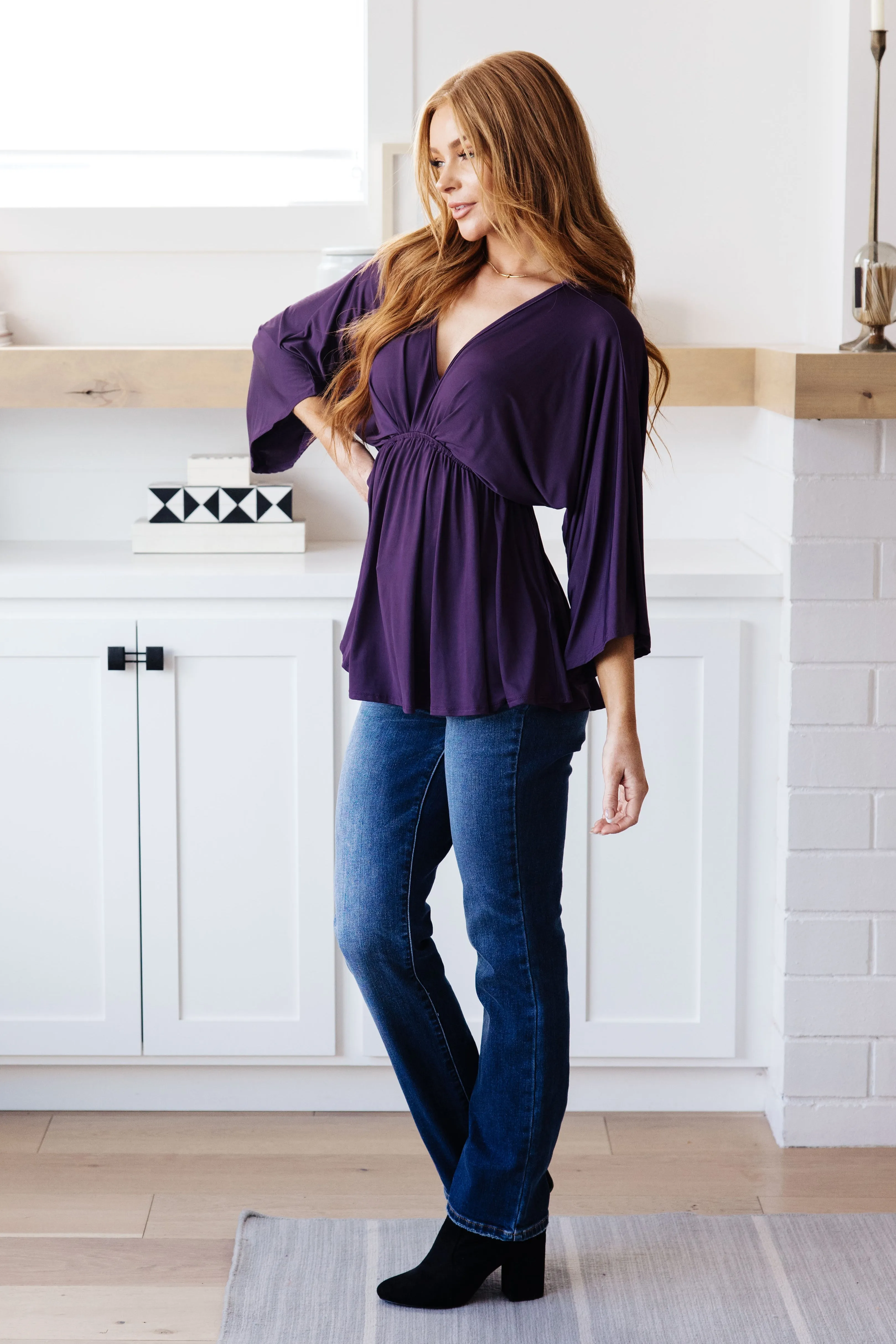 Love on the Line V-Neck Peplum Blouse in Deep Plum