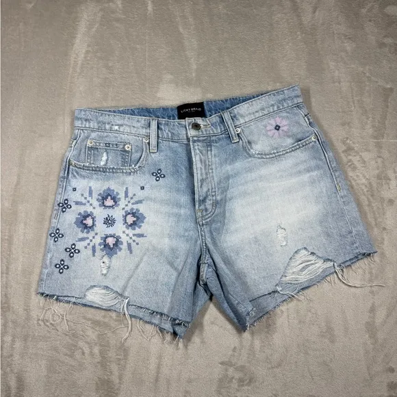 Lucky Brand 90s Midi Distressed Embroidered Floral Denim Blue Jeans Shorts 29
