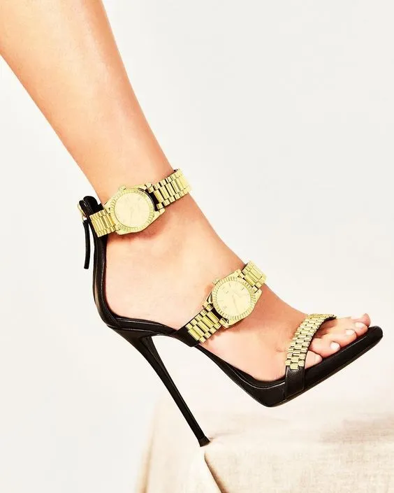 Luxury Gold Chain Strappy High Heel Sandals Celebrity Watch Dec Shoes Simple Strap Evening Sandal Women Sandalias Femininas