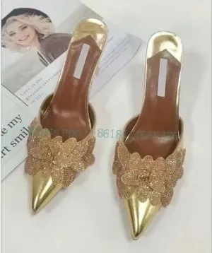 Luxury Gold Floral Pointed Toe Sexy Slippers Women Leather Rhinestone Stiletto High Heel Sandals New Evening Lady Crystal Shoes