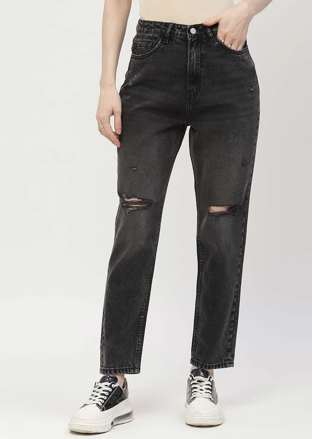 Madame Distressed Black Mom Fit Jeans