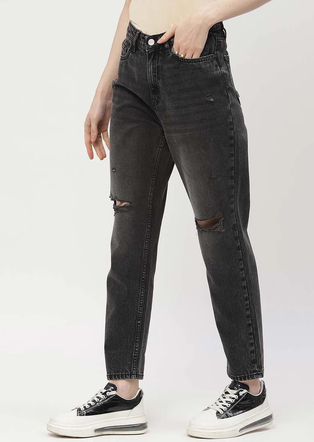 Madame Distressed Black Mom Fit Jeans