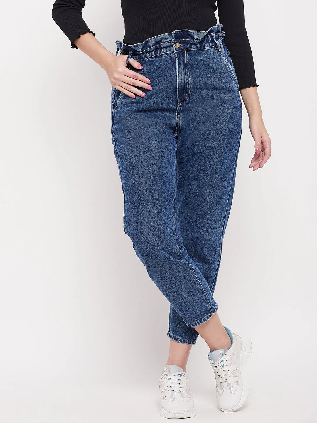 Madame Ruched Waistband Navy Blue Mom Fit Jeans
