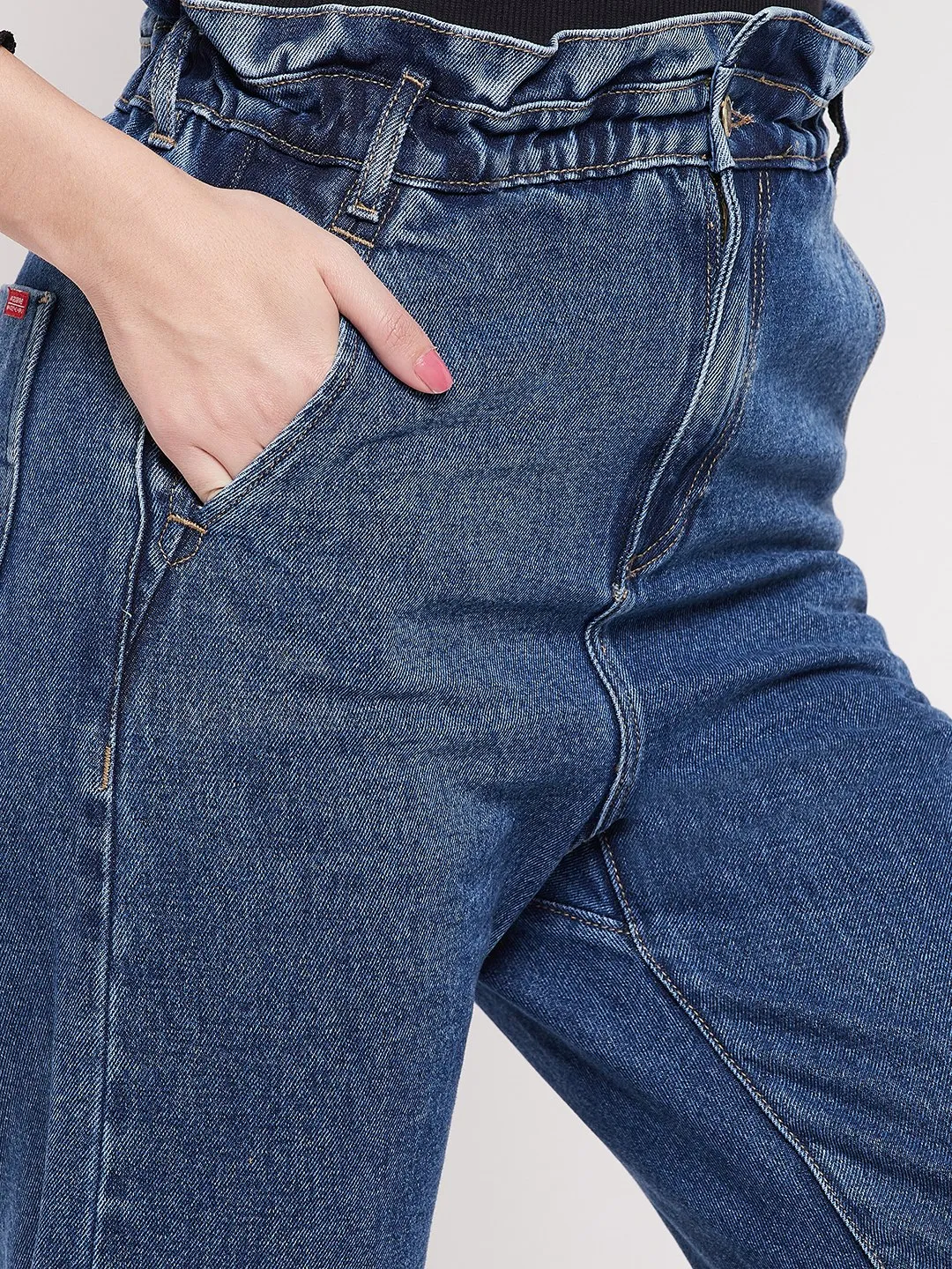 Madame Ruched Waistband Navy Blue Mom Fit Jeans