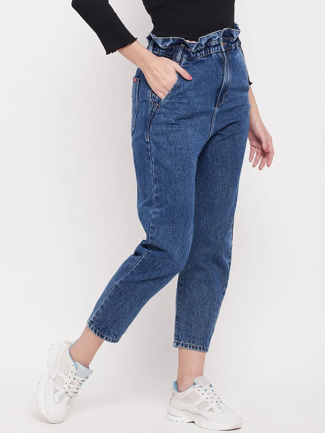 Madame Ruched Waistband Navy Blue Mom Fit Jeans