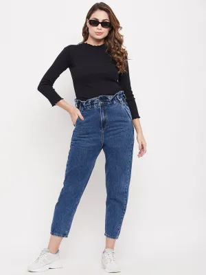Madame Ruched Waistband Navy Blue Mom Fit Jeans