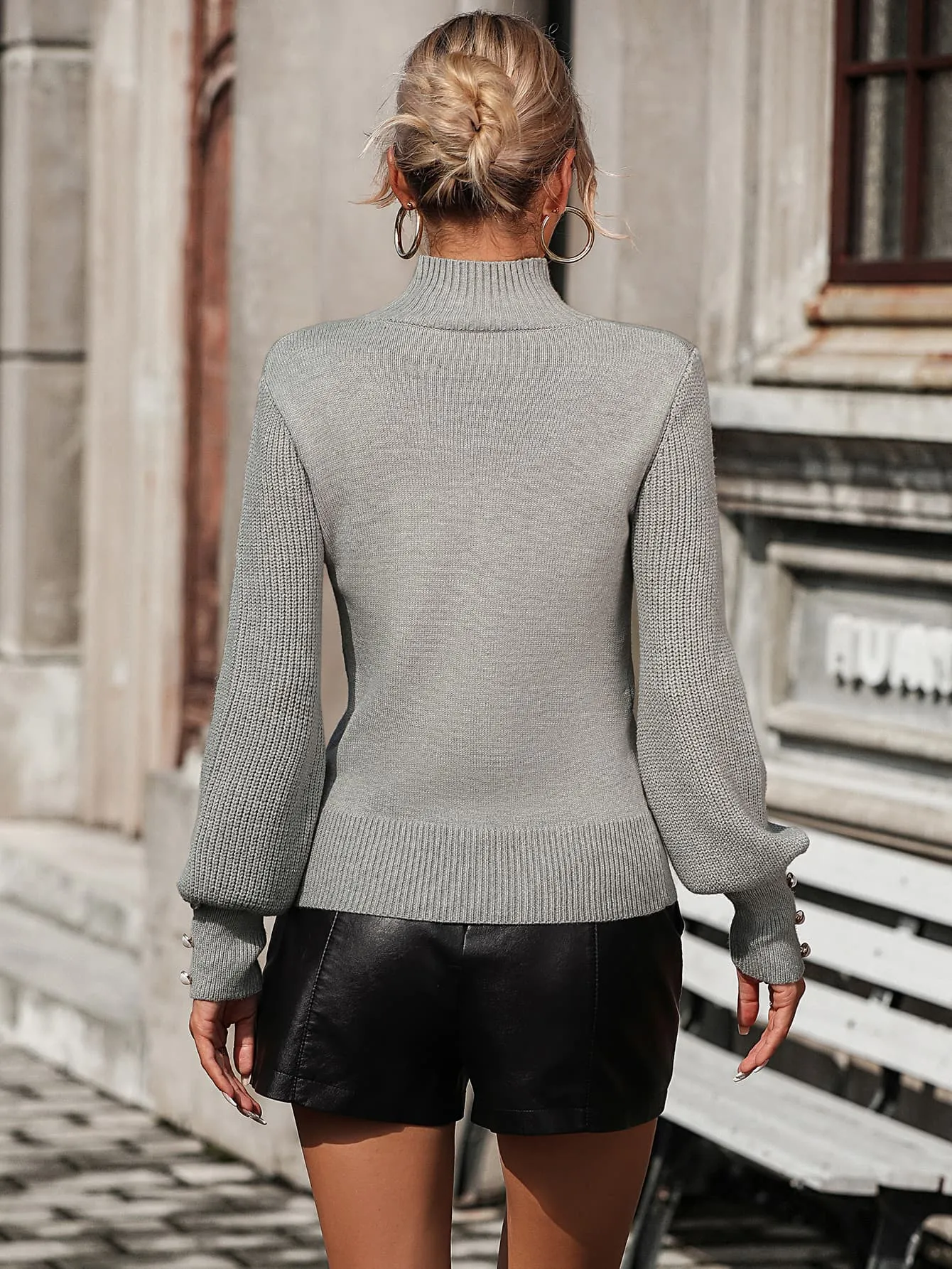 Maisie Mock Neck Ribbed Lantern Sleeve Pullover Sweater
