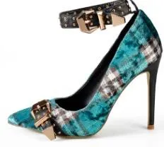 Mary Jane Shoes in Women's Pumps Tartan High Heels Plaid Sexy Dress Shoes with Rivets Ankle Strap Shoes Women Red