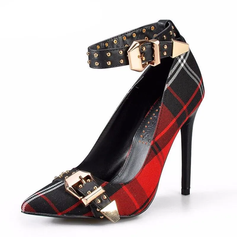 Mary Jane Shoes in Women's Pumps Tartan High Heels Plaid Sexy Dress Shoes with Rivets Ankle Strap Shoes Women Red