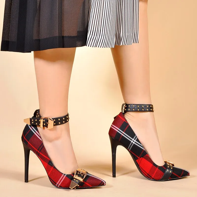 Mary Jane Shoes in Women's Pumps Tartan High Heels Plaid Sexy Dress Shoes with Rivets Ankle Strap Shoes Women Red