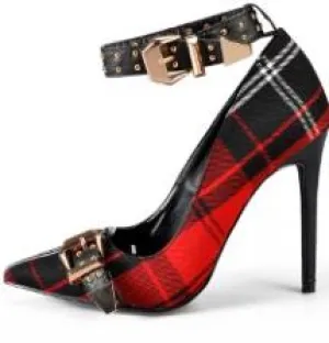 Mary Jane Shoes in Women's Pumps Tartan High Heels Plaid Sexy Dress Shoes with Rivets Ankle Strap Shoes Women Red
