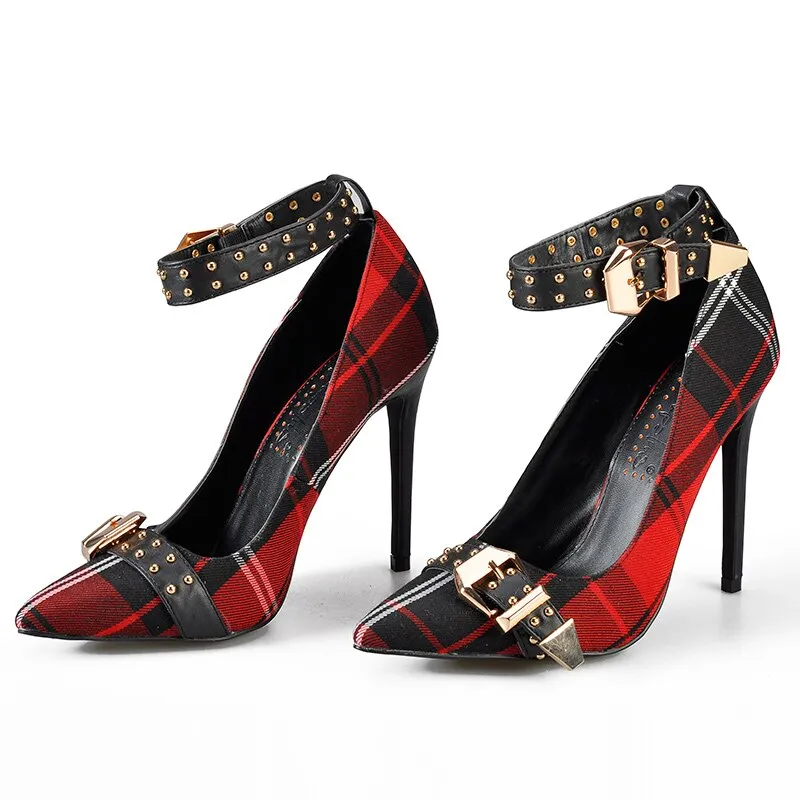 Mary Jane Shoes in Women's Pumps Tartan High Heels Plaid Sexy Dress Shoes with Rivets Ankle Strap Shoes Women Red