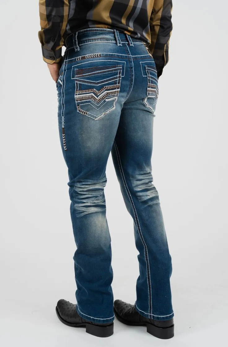 Men’s Platini Brown Embroidered Blue Slim Boot Cut Jeans