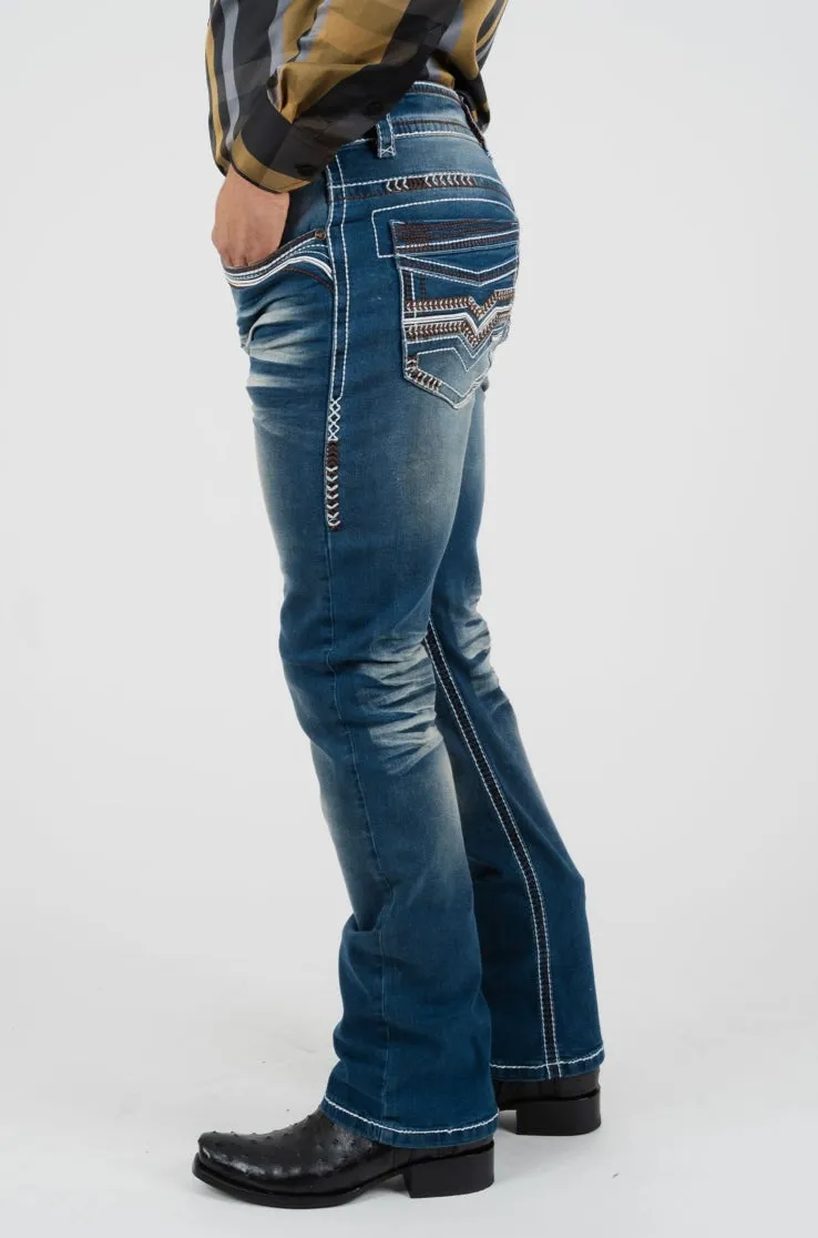 Men’s Platini Brown Embroidered Blue Slim Boot Cut Jeans