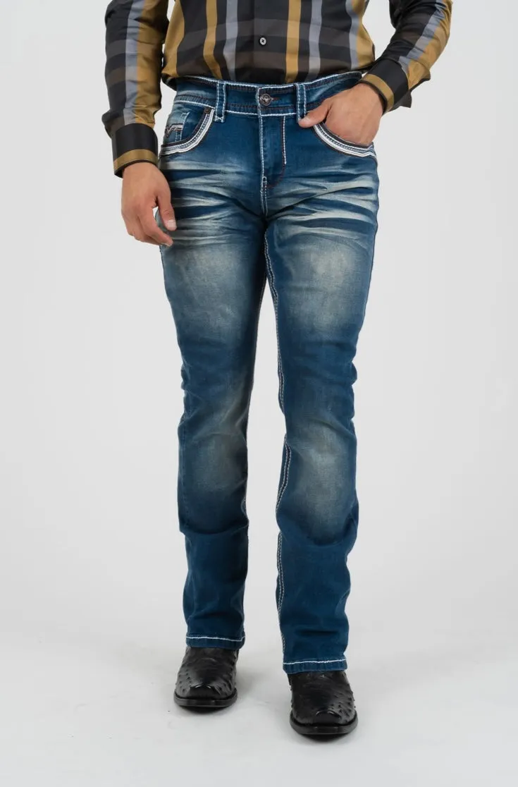 Men’s Platini Brown Embroidered Blue Slim Boot Cut Jeans
