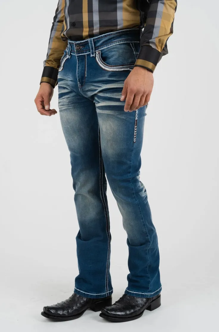 Men’s Platini Brown Embroidered Blue Slim Boot Cut Jeans