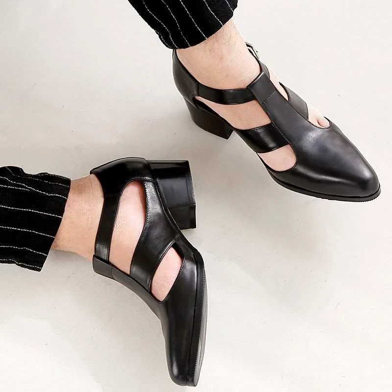 Men's Sandals New PU Leather Hollow High Heels Shoes Buckle Strap Closed