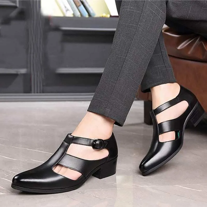 Men's Sandals New PU Leather Hollow High Heels Shoes Buckle Strap Closed