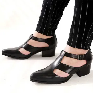 Men's Sandals New PU Leather Hollow High Heels Shoes Buckle Strap Closed