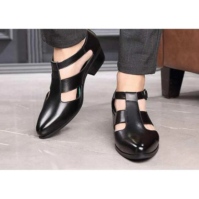 Men's Sandals New PU Leather Hollow High Heels Shoes Buckle Strap Closed