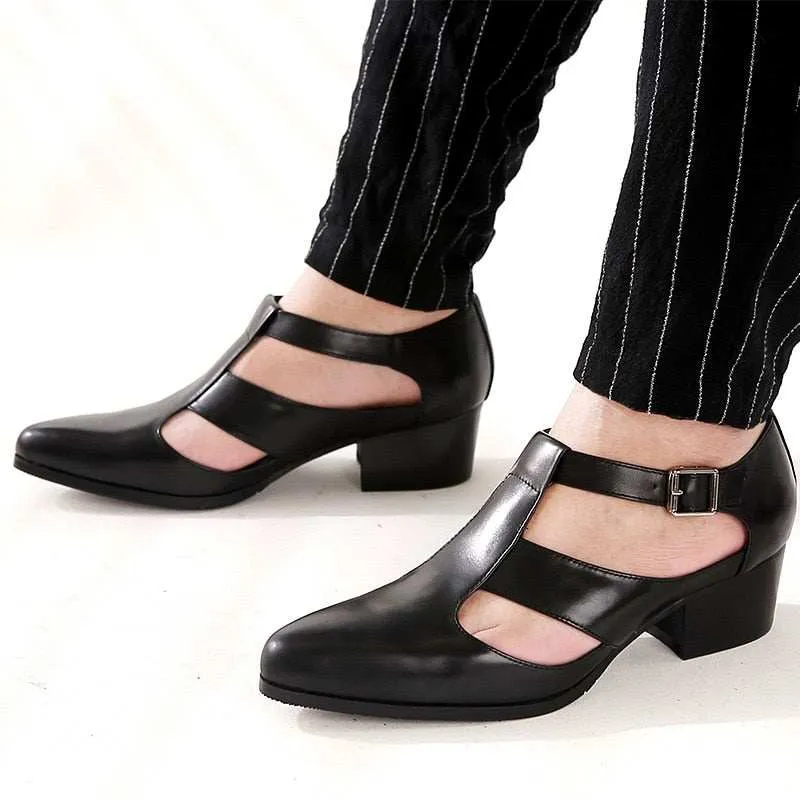 Men's Sandals New PU Leather Hollow High Heels Shoes Buckle Strap Closed