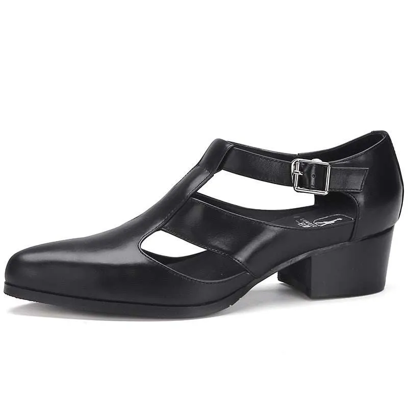 Men's Sandals New PU Leather Hollow High Heels Shoes Buckle Strap Closed