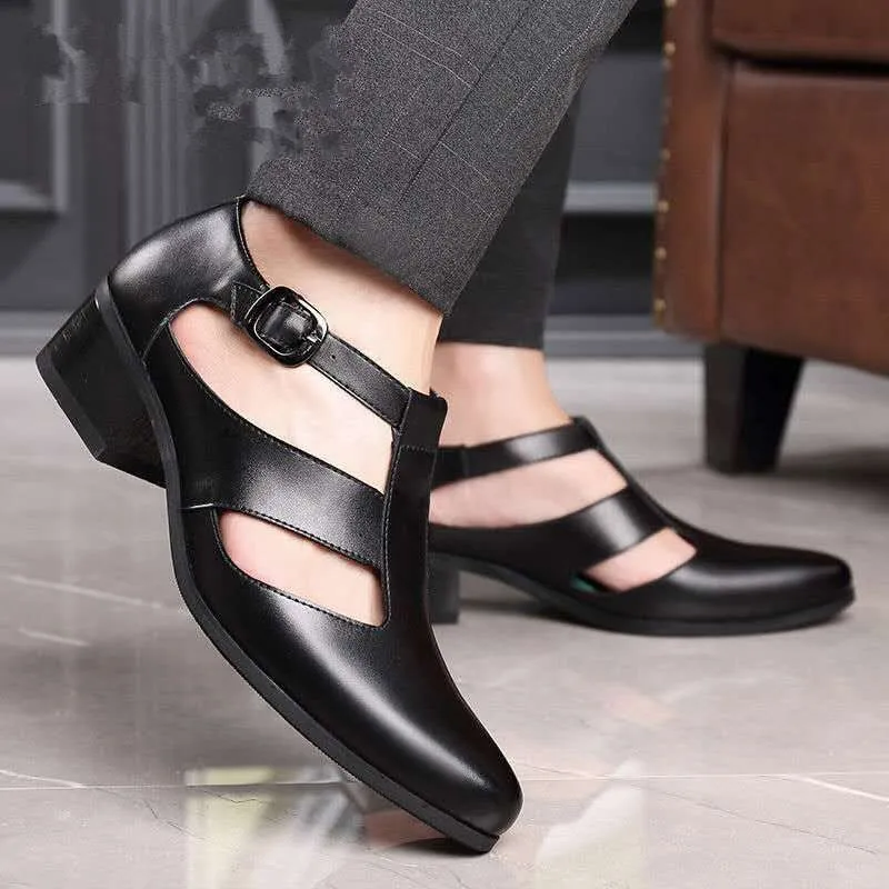 Men's Sandals New PU Leather Hollow High Heels Shoes Buckle Strap Closed