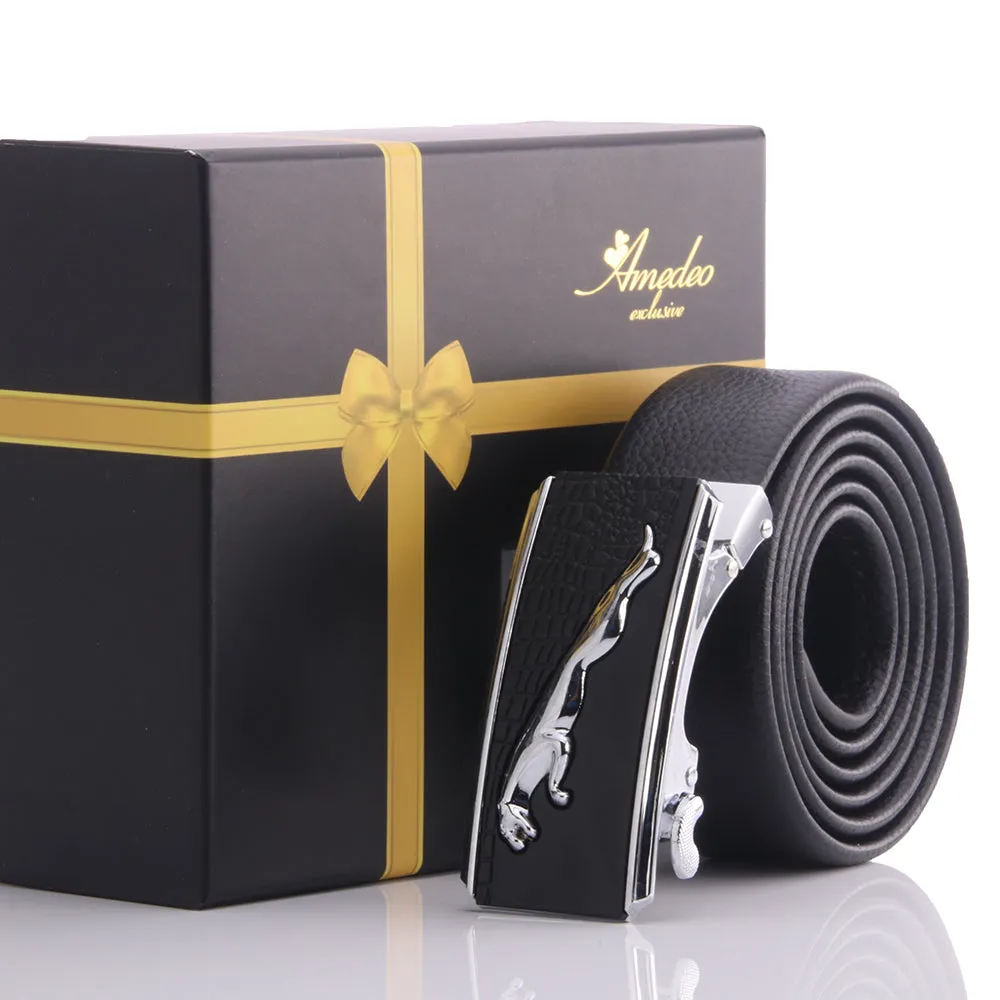 Men's Smart Ratchet No Holes Automatic Buckle Belt in Silver Jaguar Buckle