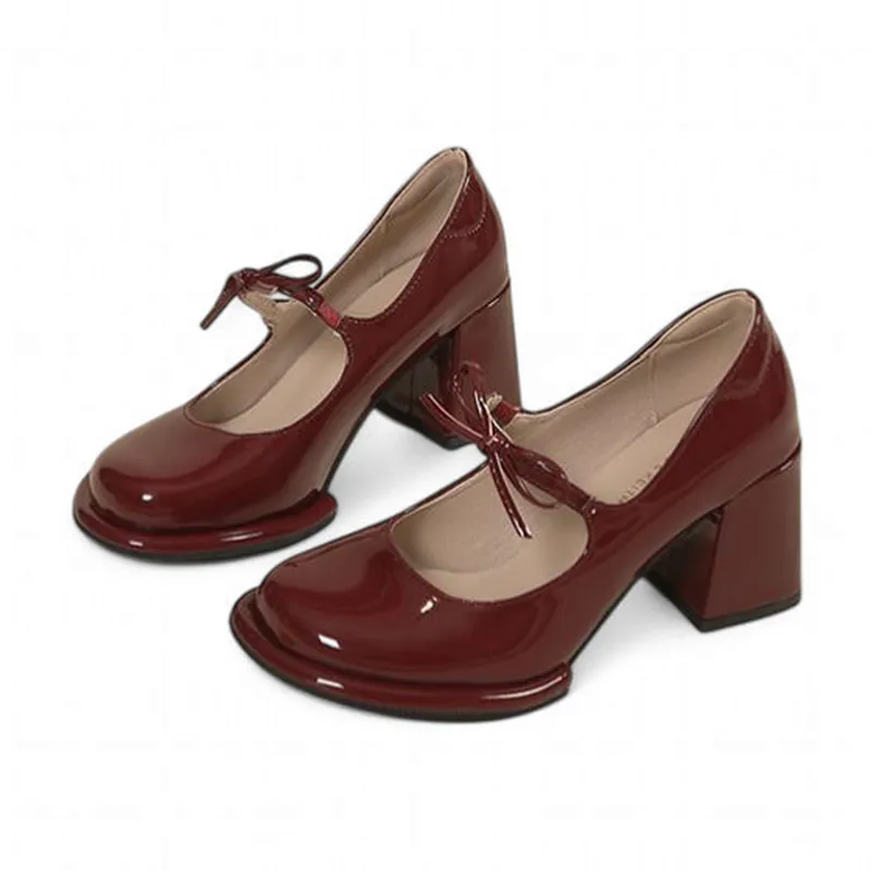 Merendy African Mama chunky heels Mary jane burgundy pumps