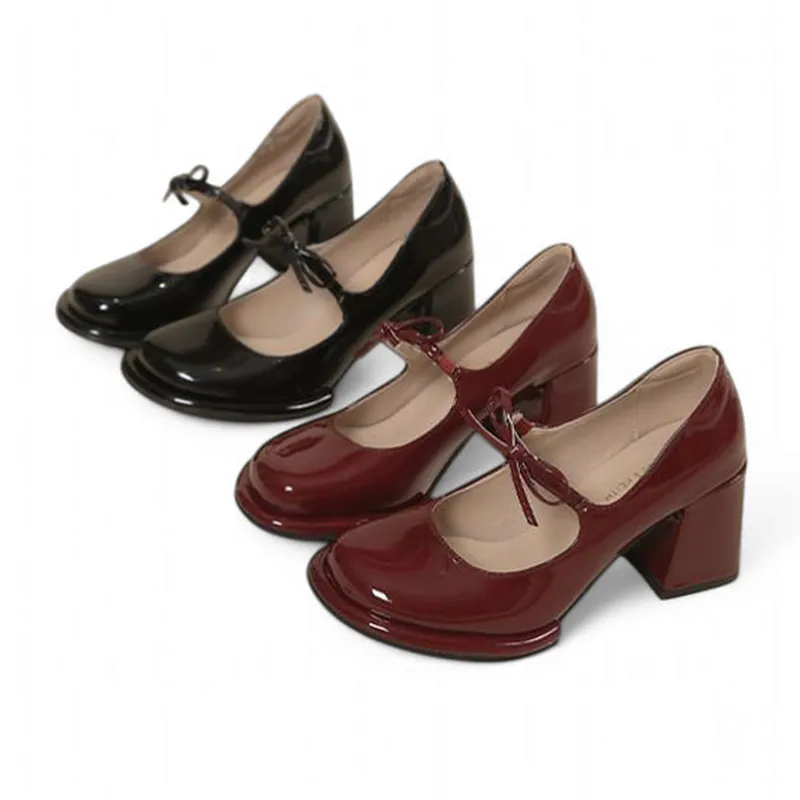 Merendy African Mama chunky heels Mary jane burgundy pumps