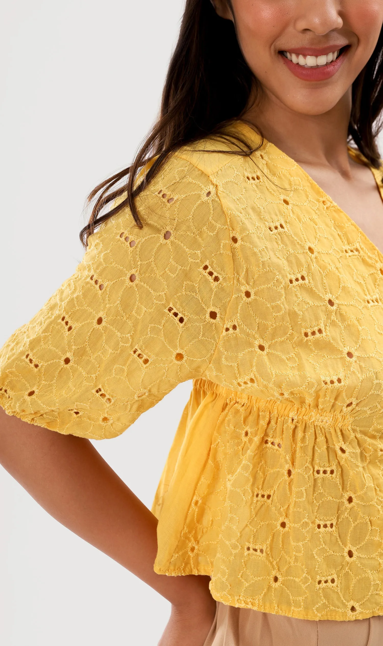 MICAELA Buttoned Eyelet Peplum Top (Canary)