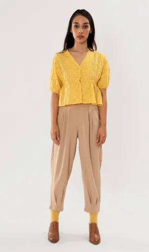 MICAELA Buttoned Eyelet Peplum Top (Canary)