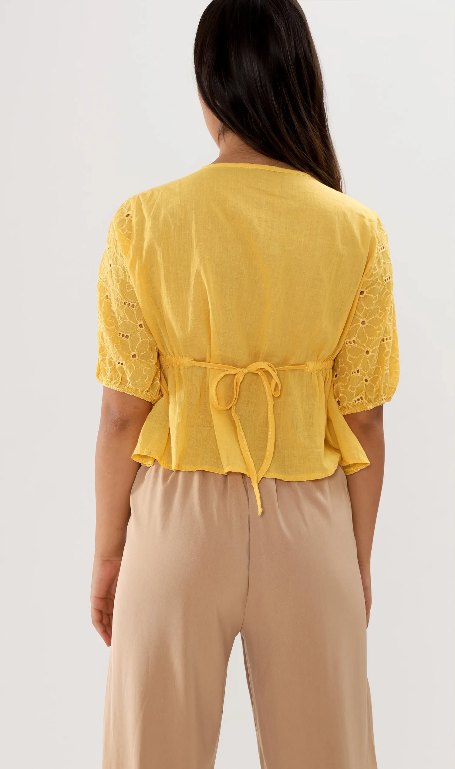 MICAELA Buttoned Eyelet Peplum Top (Canary)