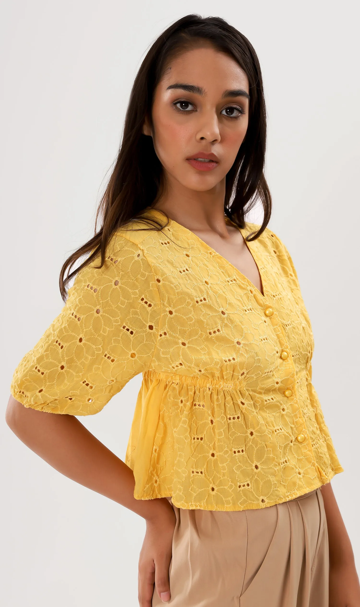 MICAELA Buttoned Eyelet Peplum Top (Canary)