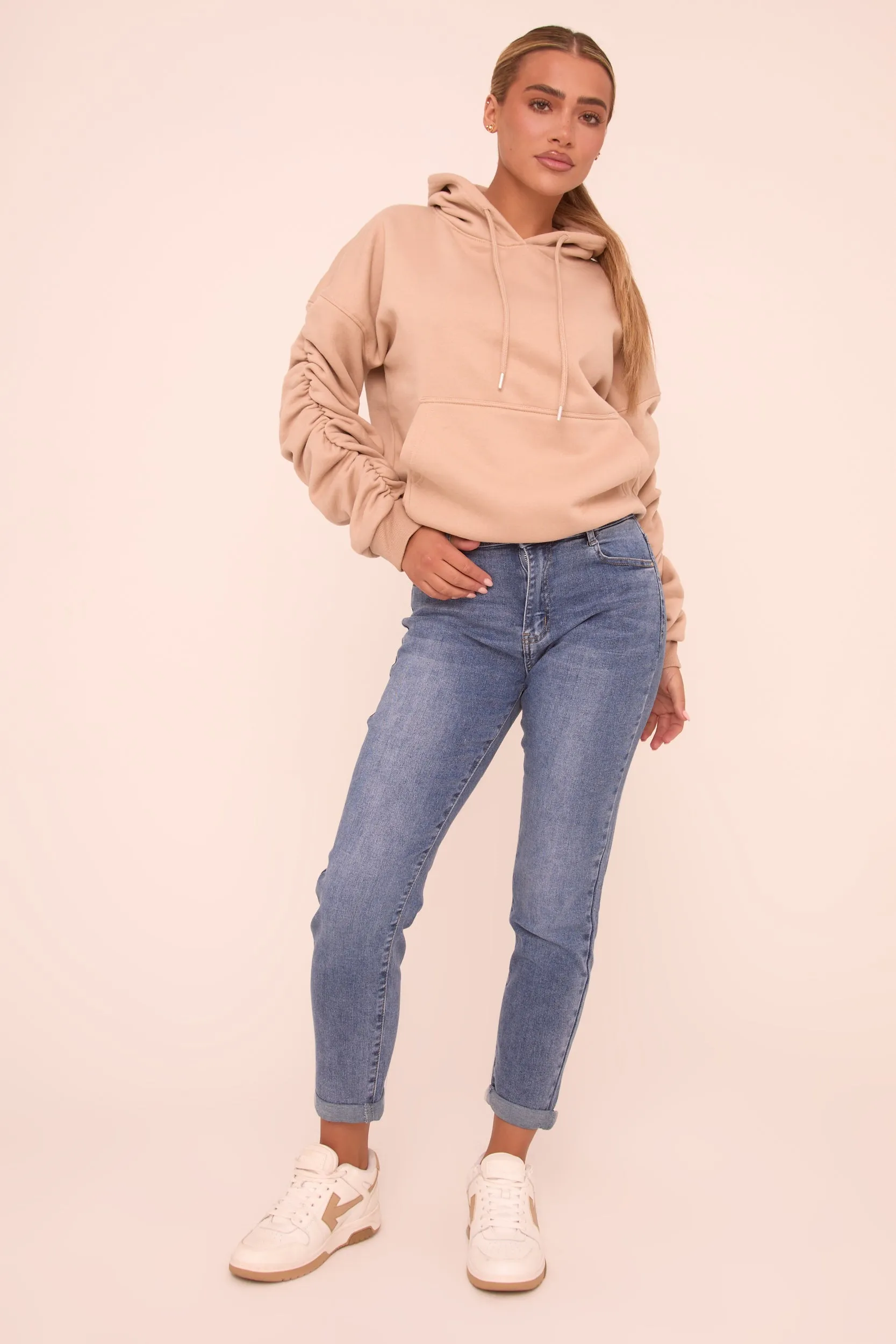 Mid Blue Stretch High Waist Turn Up Hem Mom Jeans - Corra