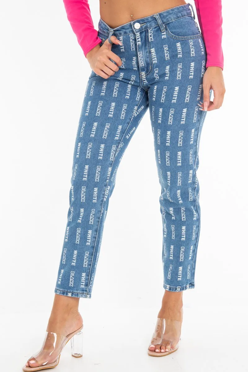 Mid Wash Denim White Blank Slogan Mom Jeans - Jordyn