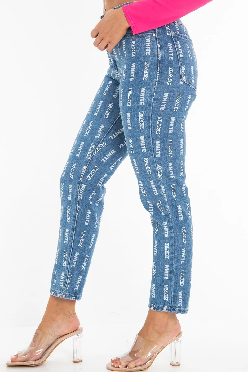 Mid Wash Denim White Blank Slogan Mom Jeans - Jordyn