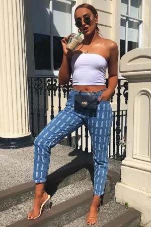 Mid Wash Denim White Blank Slogan Mom Jeans - Jordyn
