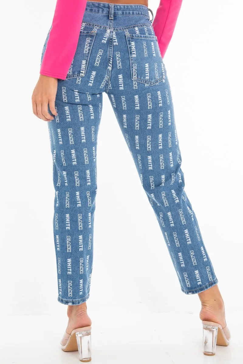 Mid Wash Denim White Blank Slogan Mom Jeans - Jordyn
