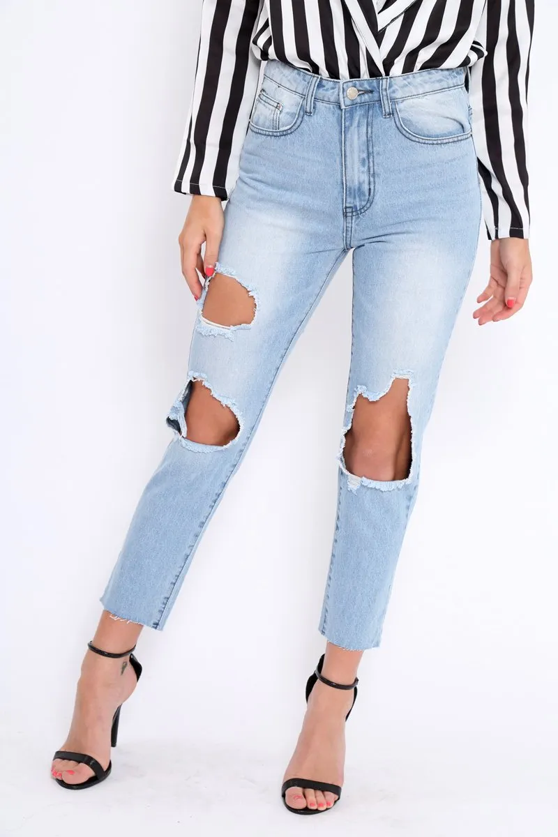 Mid Wash Extreme Open Knee Mom Jeans - Jessie