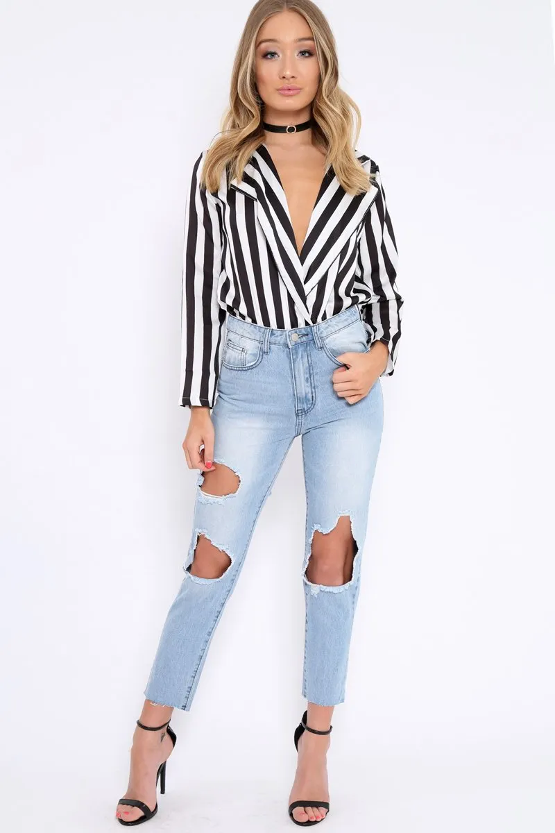 Mid Wash Extreme Open Knee Mom Jeans - Jessie