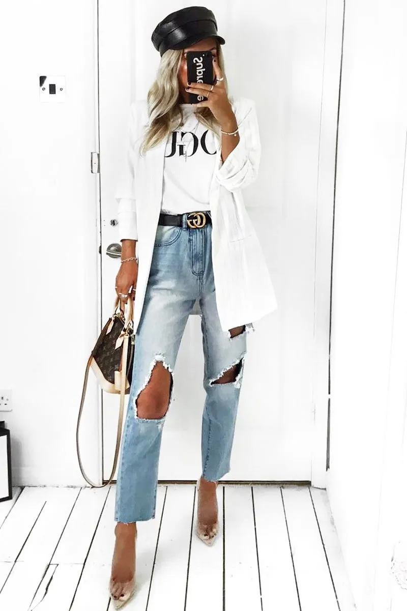 Mid Wash Extreme Open Knee Mom Jeans - Jessie