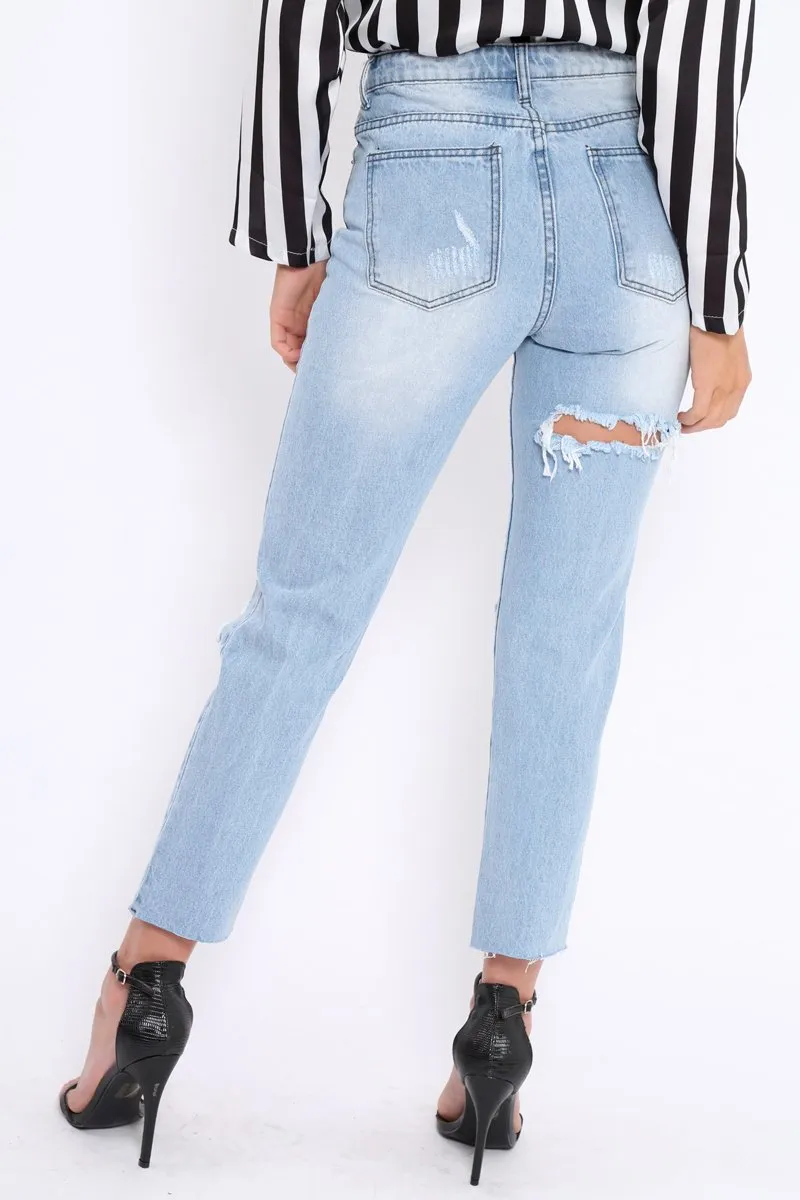Mid Wash Extreme Open Knee Mom Jeans - Jessie