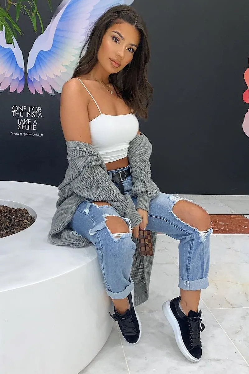 Mid Wash Extreme Open Knee Mom Jeans - Jessie