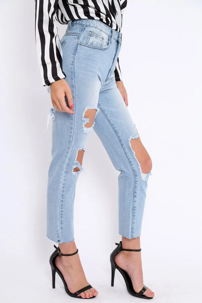 Mid Wash Extreme Open Knee Mom Jeans - Jessie