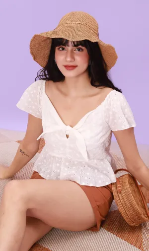MINDY Tie-Bust Eyelet Crop Top (White)