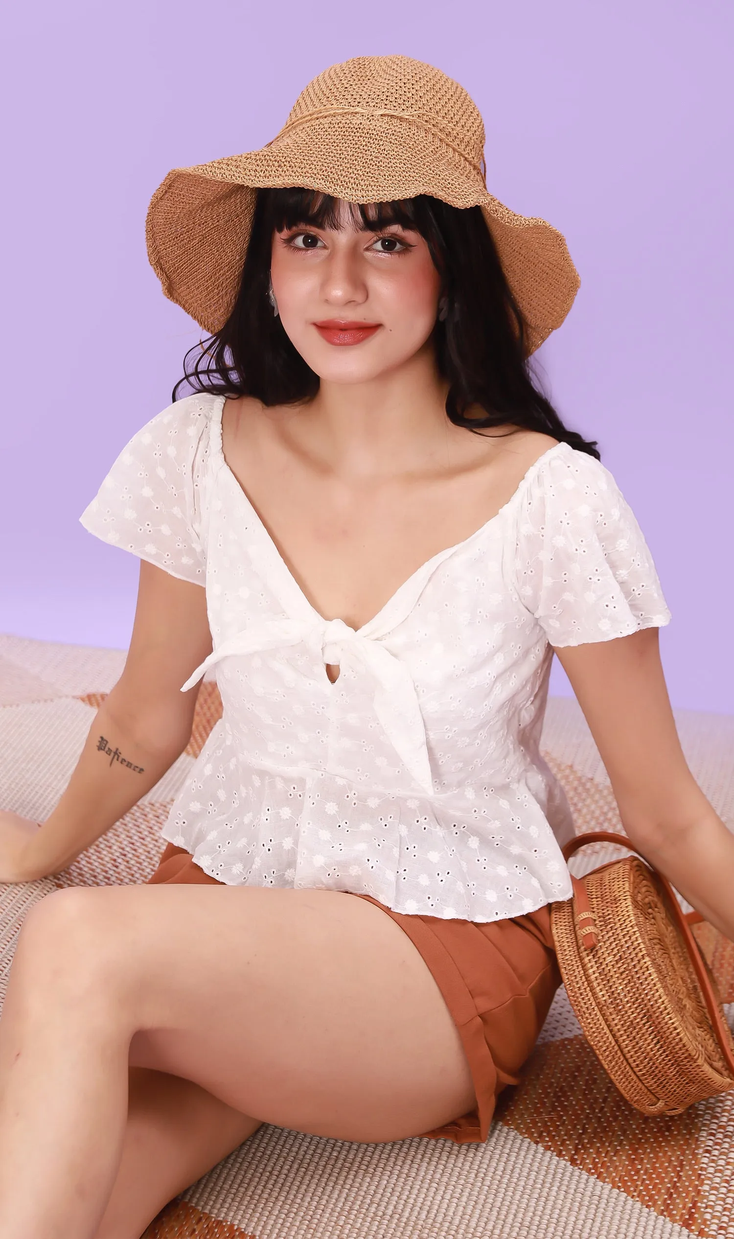 MINDY Tie-Bust Eyelet Crop Top (White)